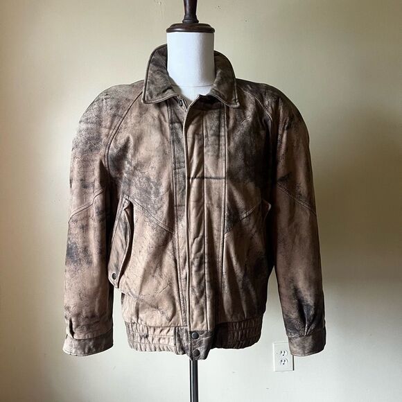 Vintage 80s Henry Huit Distressed Leather Bomber Jacket Tan Brown Moto Medium - Picture 1 of 12
